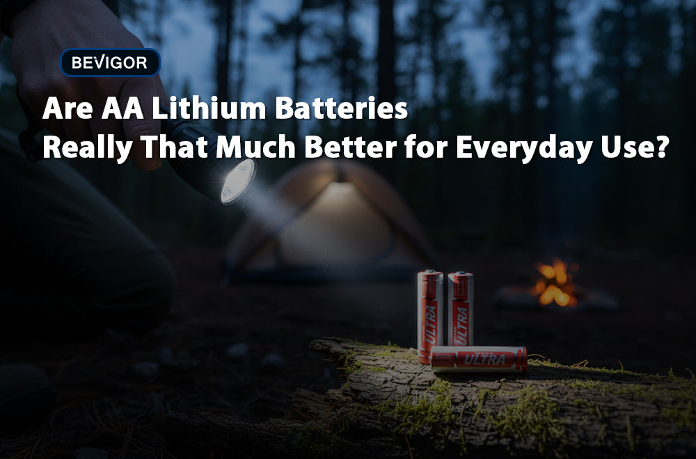 aa lithium batteries beside a LED flashlight