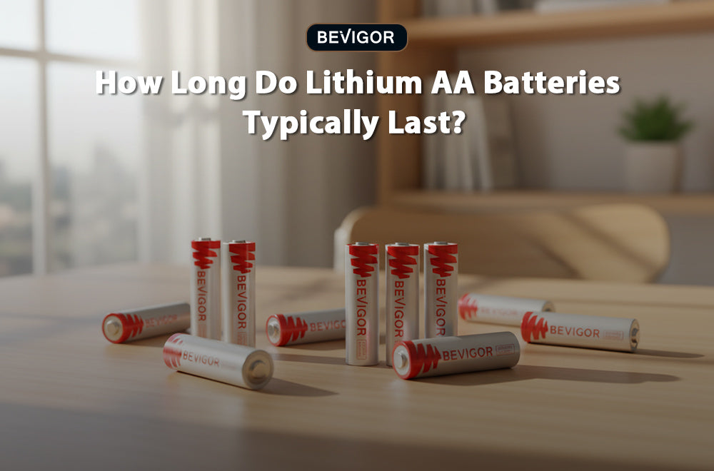 BEVIGOR AA lithium batteries on a tabletop for a battery runtime guide.