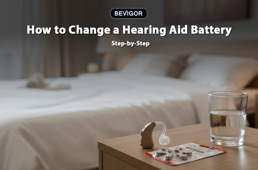 hearing aid battery and hearing aid on a desk