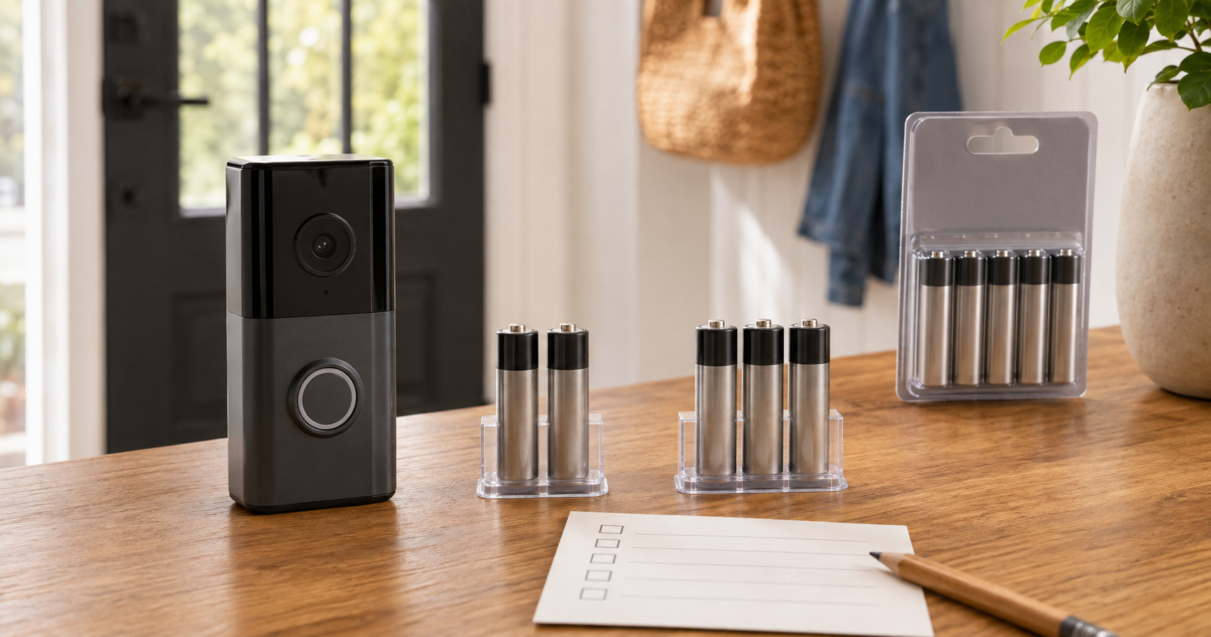 AA lithium battery labels and pack sizes arranged beside a generic video doorbell on a home entry table.