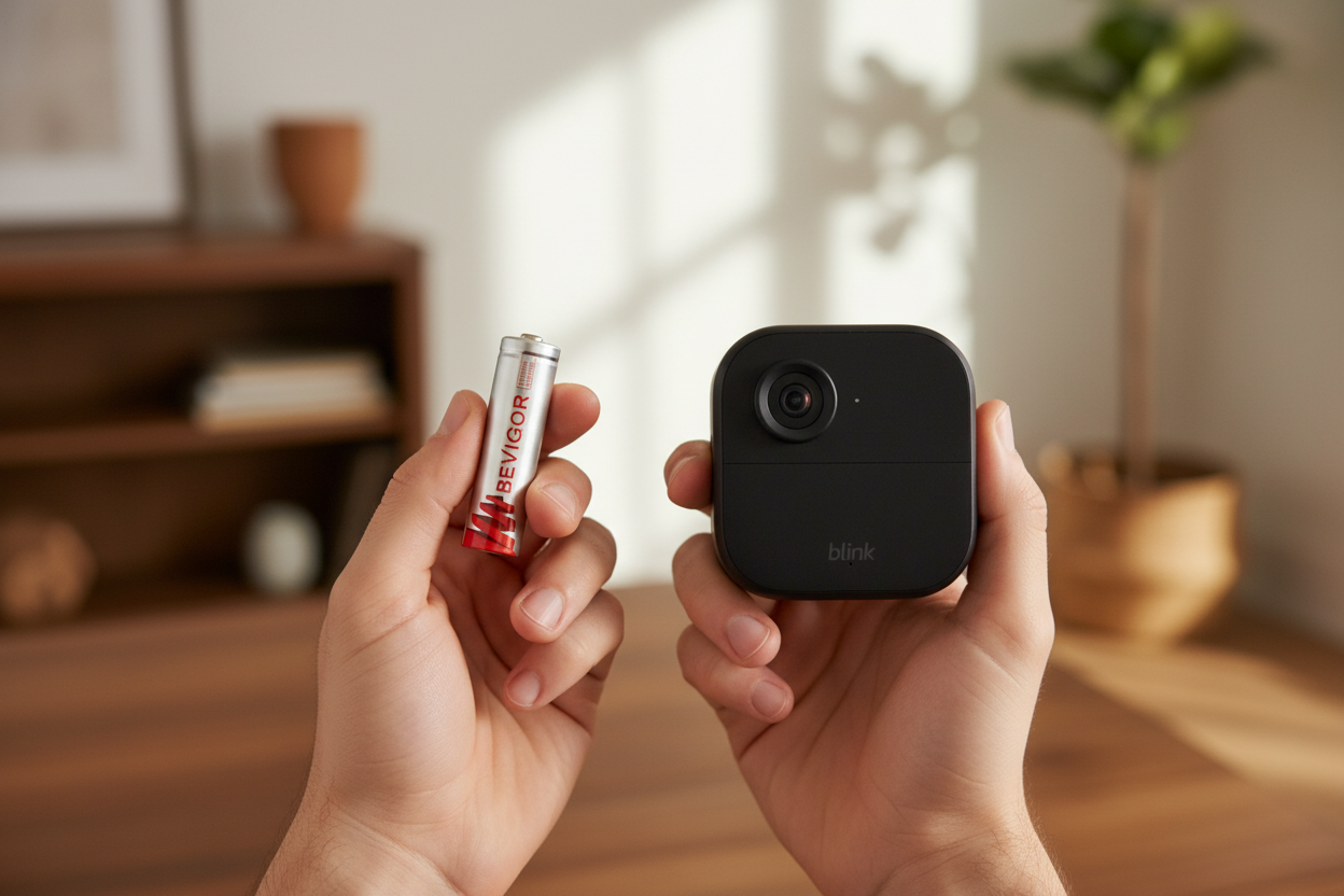 Generic outdoor security camera with a red status light beside two AA batteries and a phone connection check.
