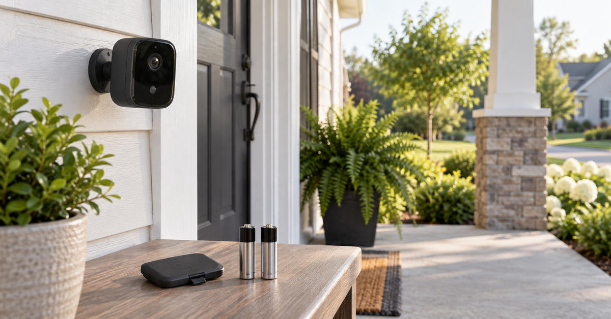 Outdoor security camera with two AA batteries ready for replacement