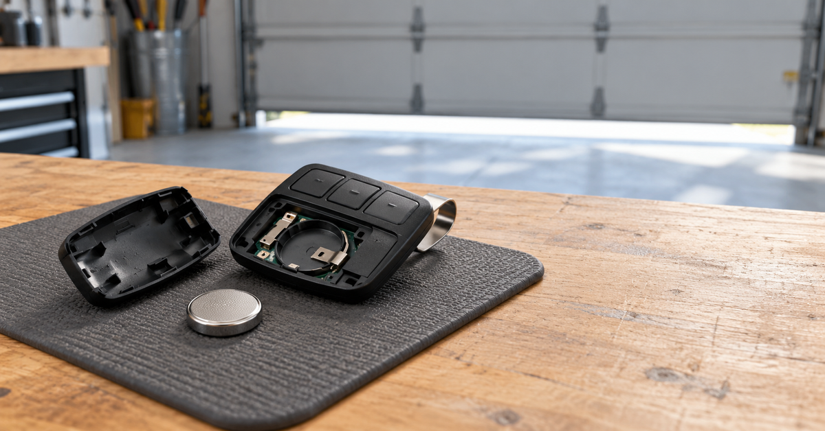 An open generic garage door remote beside a coin cell battery on a clean workbench