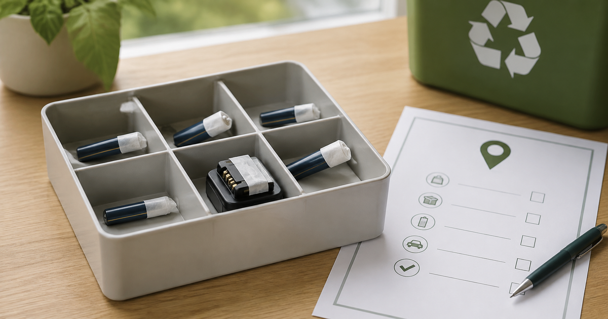 Intact household lithium batteries with terminals isolated in a divided organizer beside a recycling checklist.