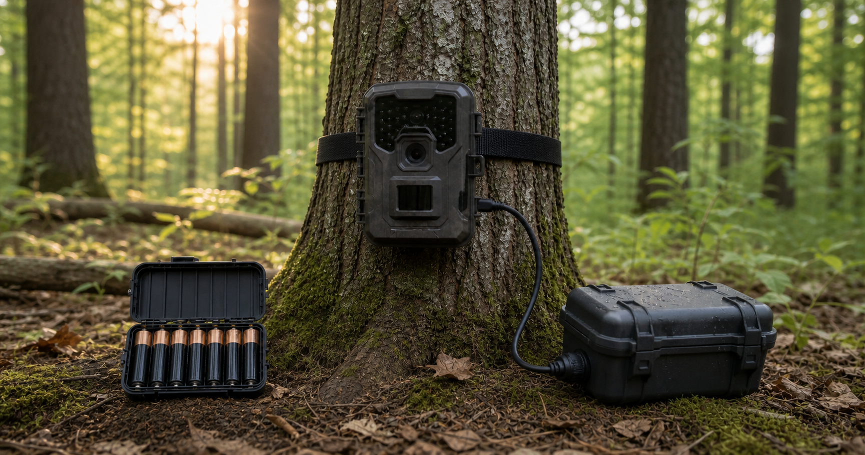 Generic trail camera shown between an open AA battery tray and a weather-resistant external battery pack in a wooded setting.