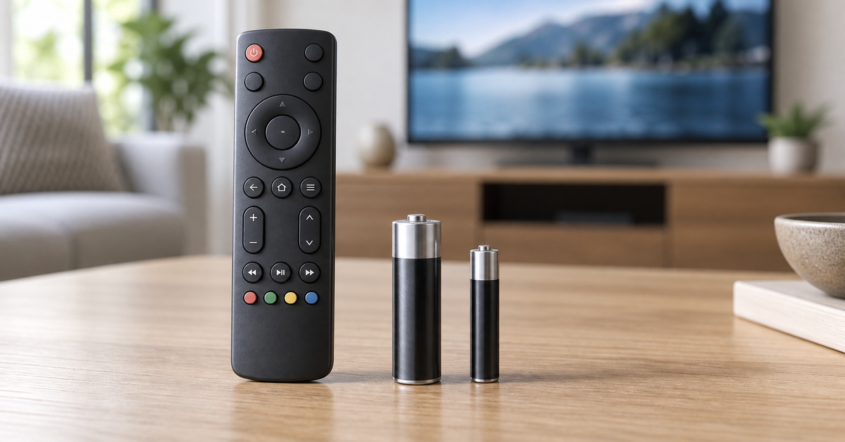 AA and AAA batteries beside a TV remote for size comparison