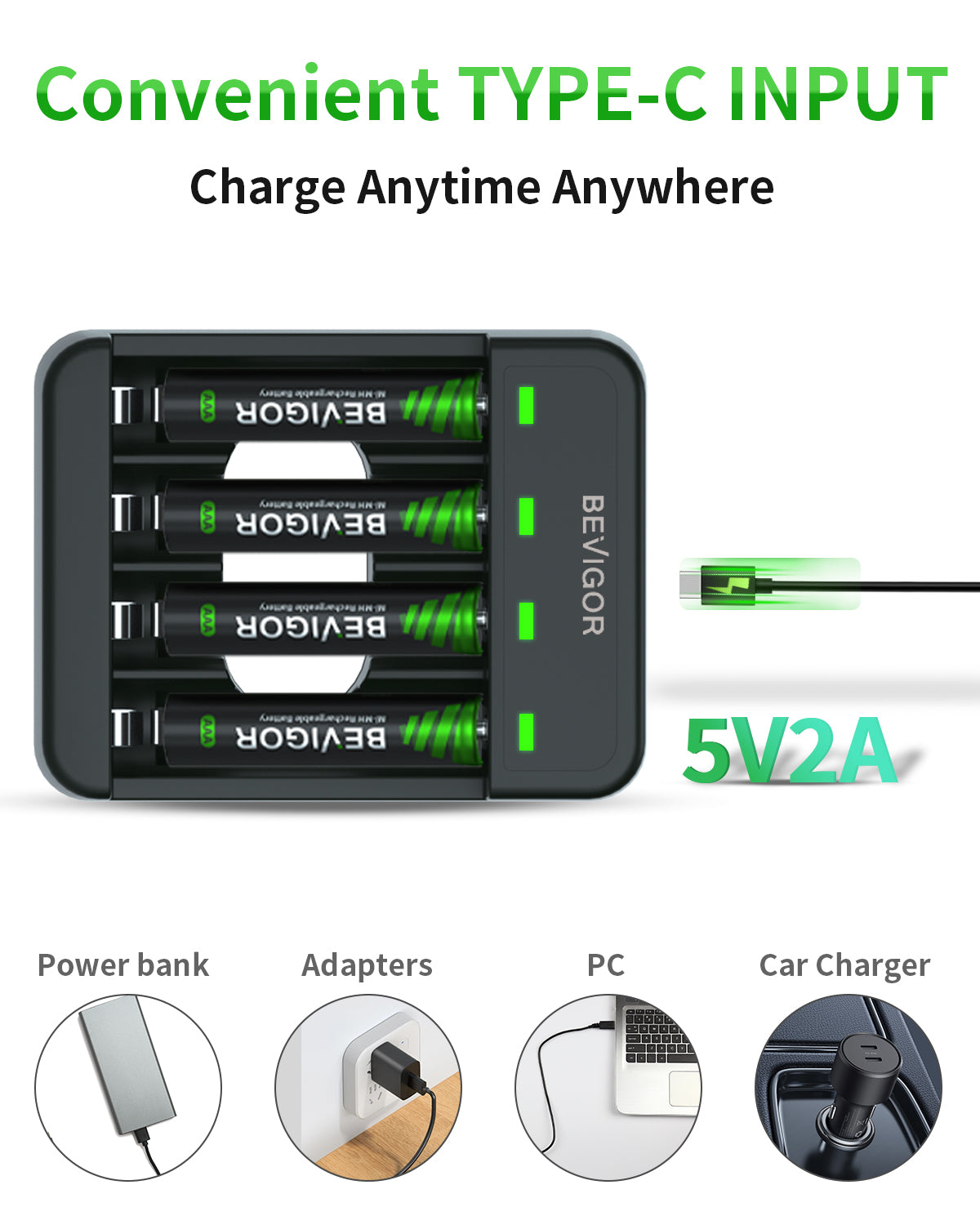 BEVIGOR 2800 mAh Rechargeable AA Batteries with Smart 4 Bay Charger