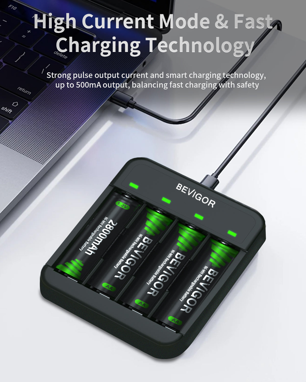 BEVIGOR 2800 mAh Rechargeable AA Batteries with Smart 4 Bay Charger