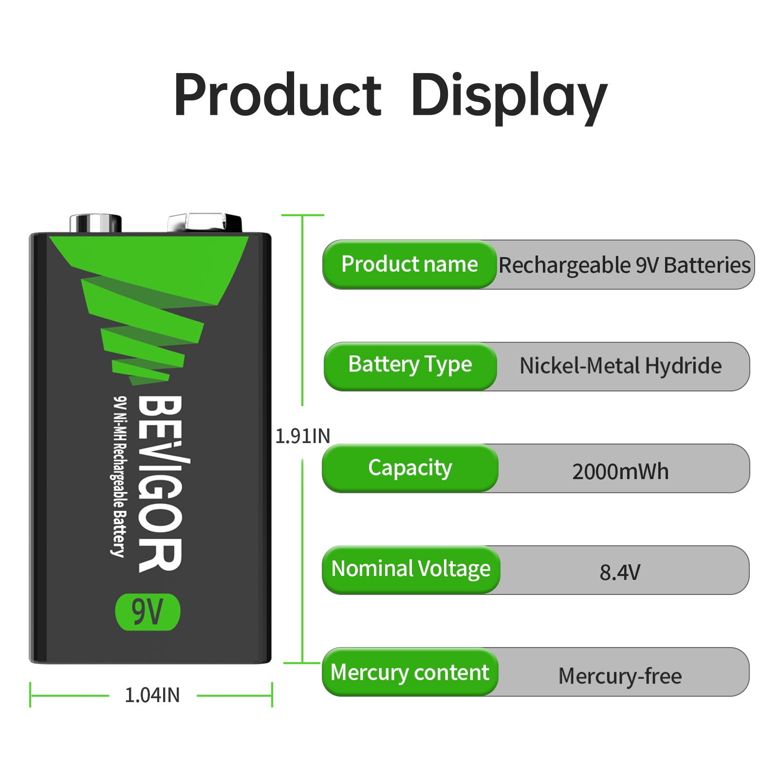 BEVIGOR 9V Rechargeable NiMH Battery 2000mAh product display
