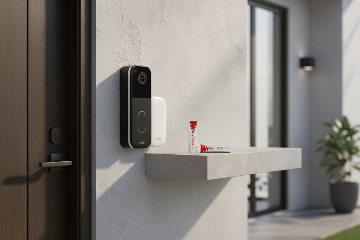 Generic security camera between primary and rechargeable AA batteries beside an empty charger.