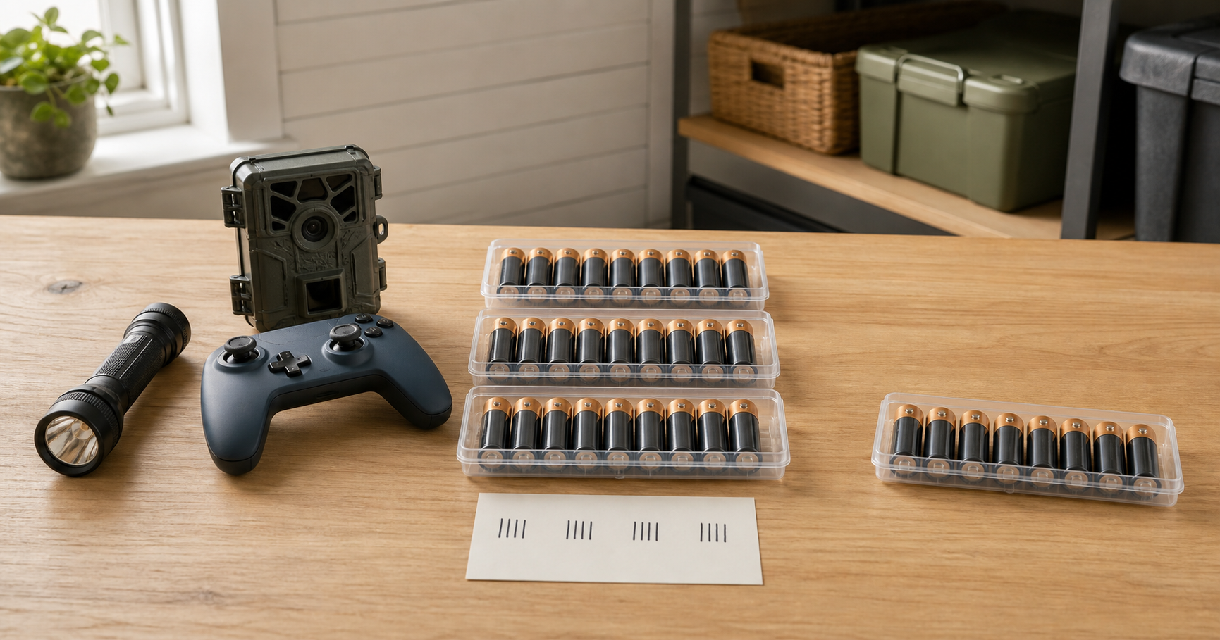 Organized AA battery inventory beside a flashlight, game controller, trail camera, and household storage bins.