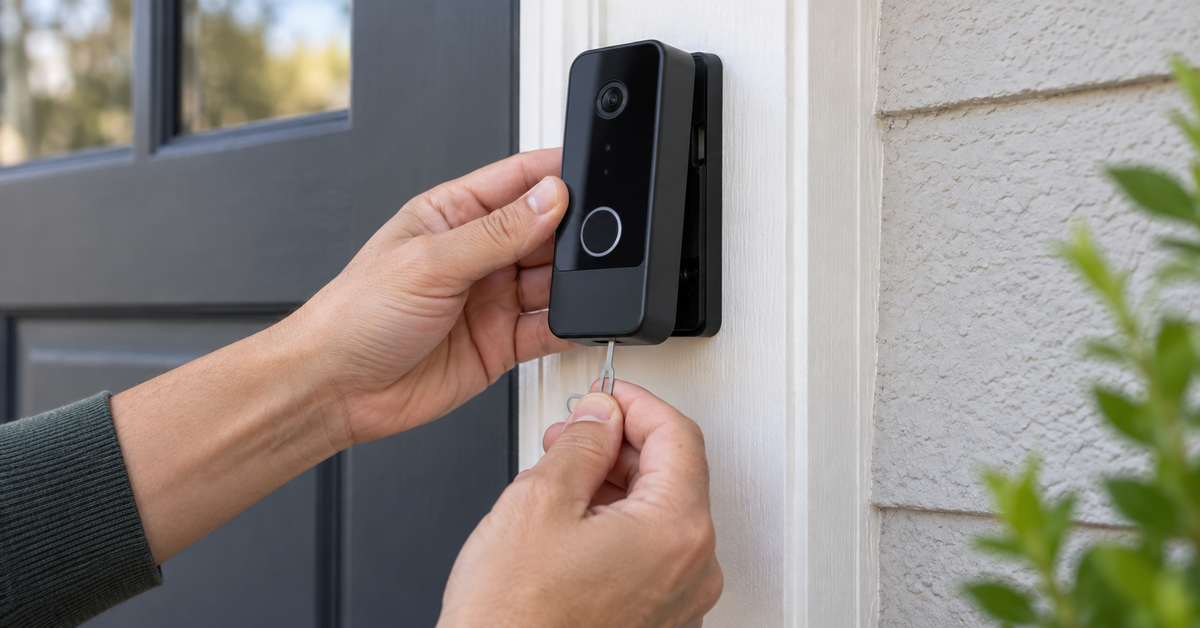 A person using an opening key to release a video doorbell from its mounting plate