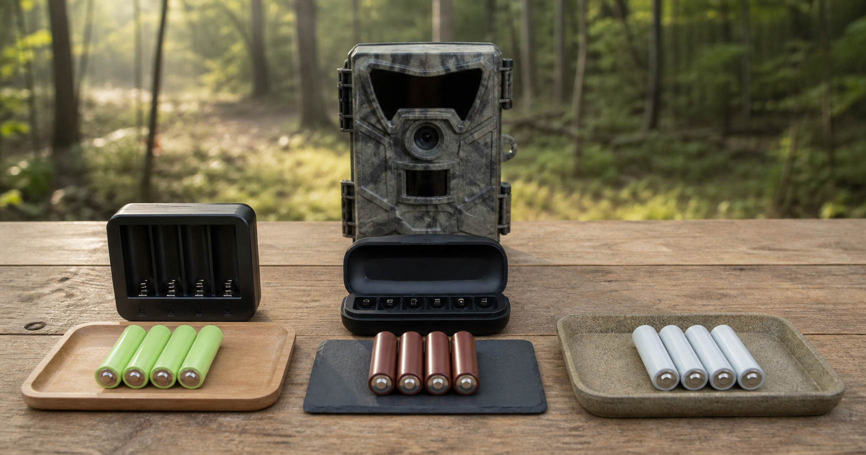 Generic trail camera behind three separated sets of AA batteries and an empty charger on an outdoor table.