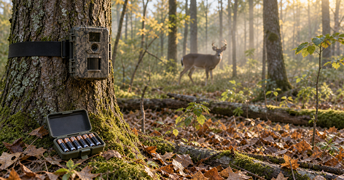 Trail camera on a forest tree with AA batteries ready for field use