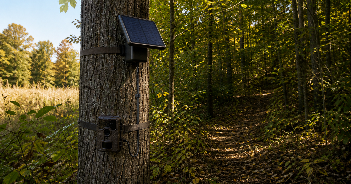 Trail camera and external solar battery panel mounted in a sunlit woodland with a protected power cable.