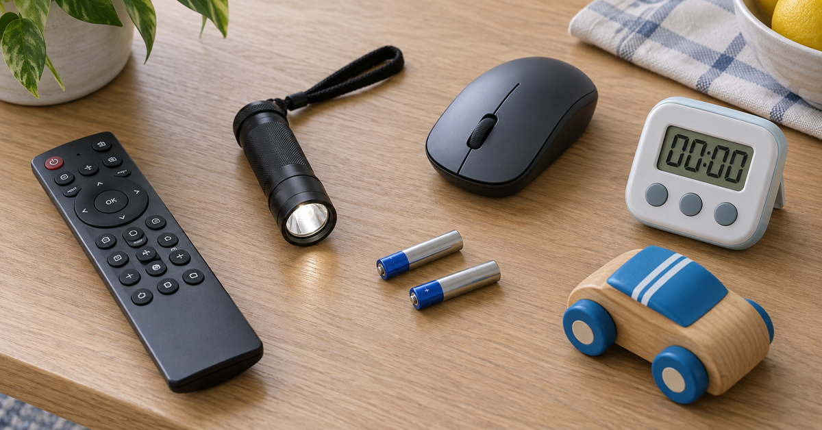 Two AAA batteries surrounded by common battery-powered household devices