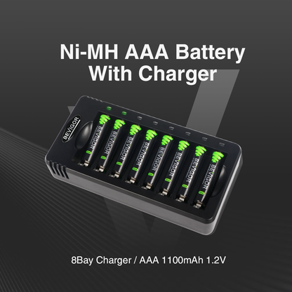 BEVIGOR 1100 mAh Rechargeable AAA Batteries with Smart 8 Bay Charger