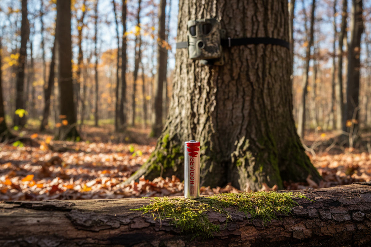 BEVIGOR AA Lithium Battery beside Trail Camera – Hunting Scene